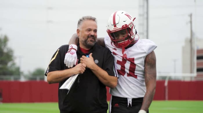Matt Rhule and defensive back Tommi Hill 2023 Nebraska football fall camp